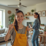 Aide ménagère conviviale dans un salon moderne et lumineux