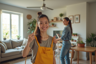 Aide ménagère conviviale dans un salon moderne et lumineux