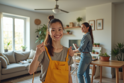 Aide ménagère conviviale dans un salon moderne et lumineux