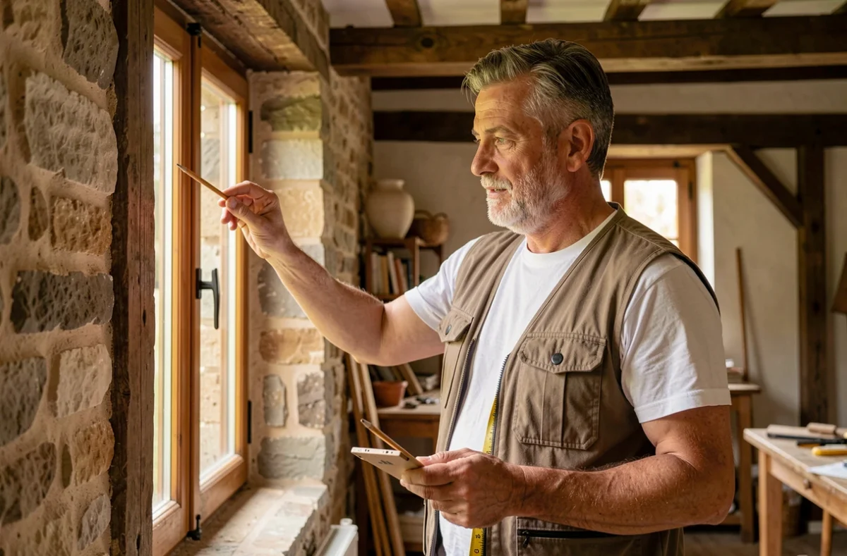 L'artisan poseur de fenêtres Alexandre Verdier mesurant une ouverture dans une ferme rénovée en Centre-Val de Loire avec des murs en pierre apparente