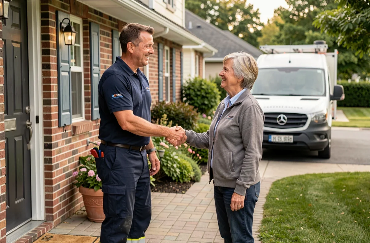 Technicien d'Anjou Home Services 49 serrant la main d'une propriétaire satisfaite sur le pas de sa porte après une intervention d'isolation