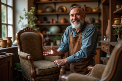 Antiquaire évaluant un fauteuil en bois vintage dans une boutique chaleureuse