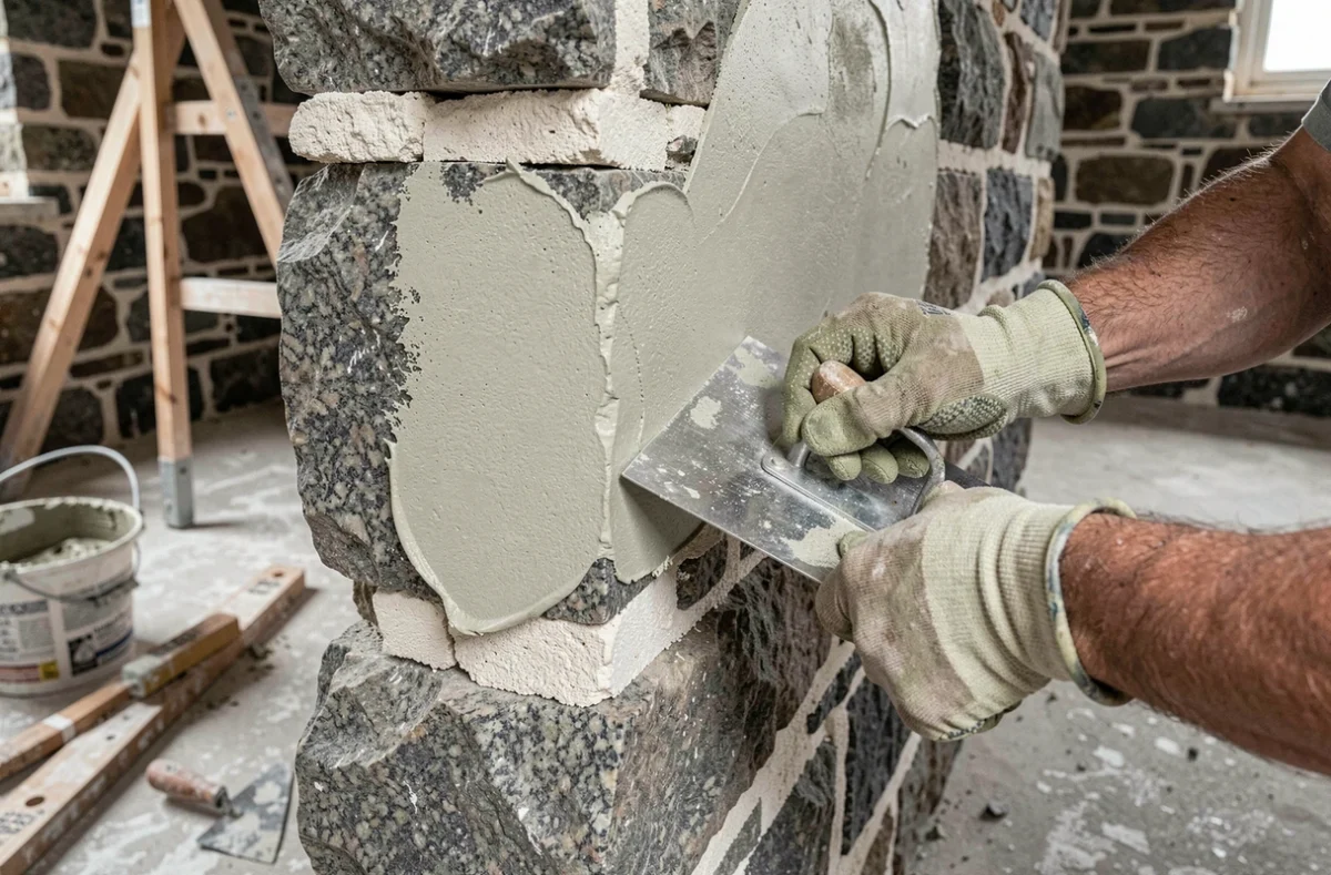 Application d'un enduit chaux sable à la taloche sur un mur en pierre de granite en rénovation