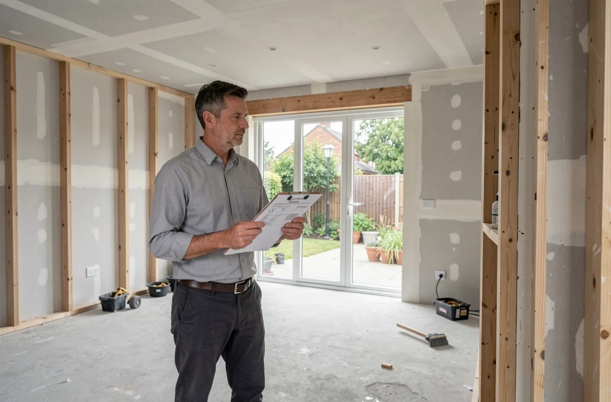 Architecte inspectant l'intérieur d'une extension de 40 m2 en cours de construction