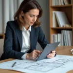 Architecte femme utilisant une tablette pour planifier un projet