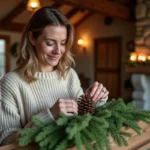Femme d'âge moyen arrangeant des branches de sapin sur un manteau rustique