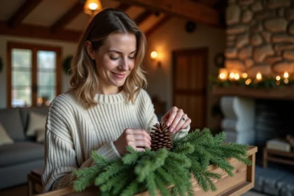 Femme d'âge moyen arrangeant des branches de sapin sur un manteau rustique