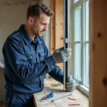 Artisan vitrier installant un double vitrage dans une fenêtre en bois lors d'une rénovation résidentielle