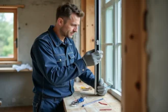 Artisan vitrier installant un double vitrage dans une fenêtre en bois lors d'une rénovation résidentielle