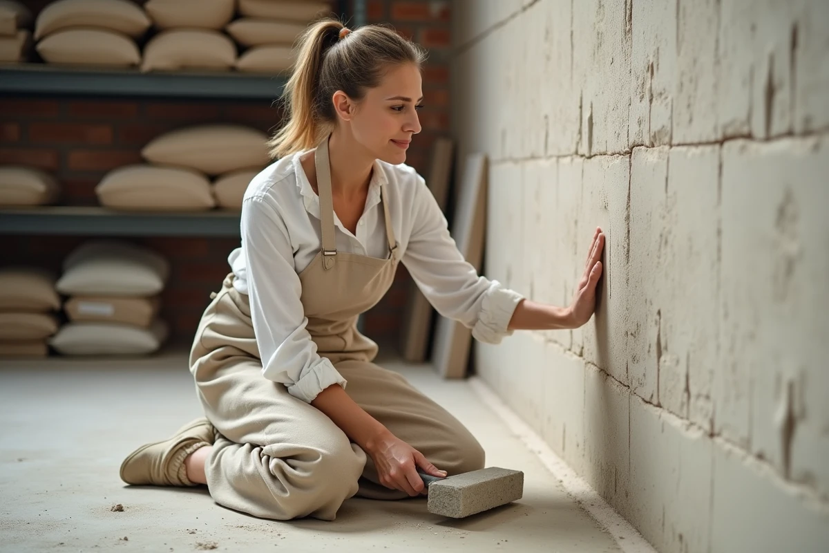 Artisane lissant un panneau mural en Terrasto à l'intérieur d'un atelier de construction