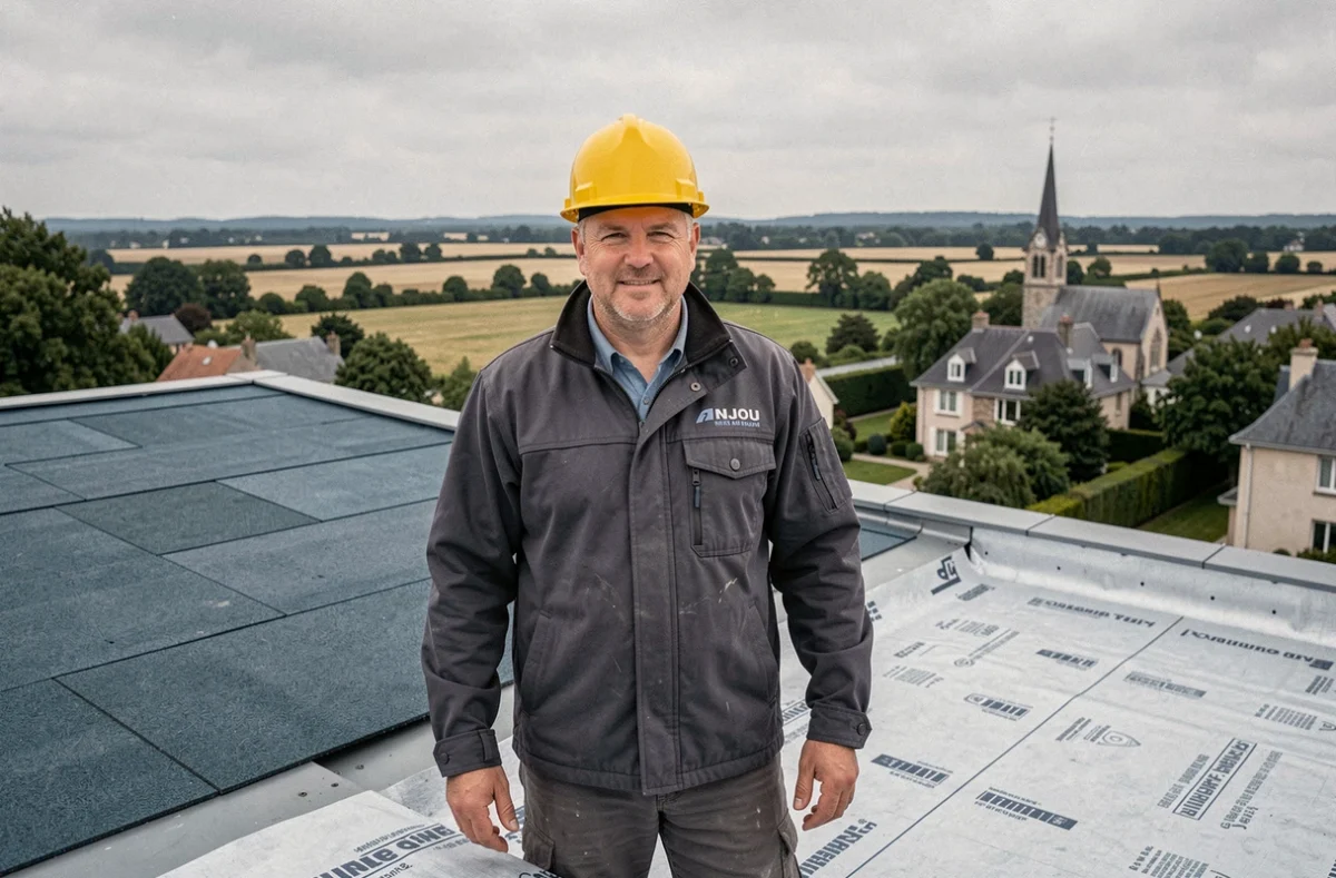 Spécialiste en toiture et isolation d'ATI 49 Anjou Toiture Isolation debout sur une toiture rénovée avec membrane isolante dans la campagne angevine