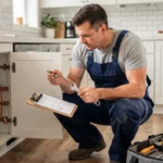 Auto-entrepreneur plombier examinant des raccords en cuivre sous un évier de cuisine moderne avec facture et outils