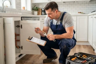 Auto-entrepreneur plombier examinant des raccords en cuivre sous un évier de cuisine moderne avec facture et outils