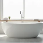 Baignoire autoportante blanche de taille standard dans une salle de bain minimaliste avec carrelage gris clair