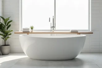 Baignoire autoportante blanche de taille standard dans une salle de bain minimaliste avec carrelage gris clair