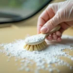 Mains gantées appliquant une pâte de bicarbonate de soude sur un tableau de bord de voiture jauni avec une brosse