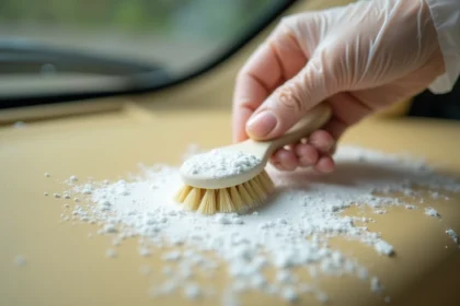 Mains gantées appliquant une pâte de bicarbonate de soude sur un tableau de bord de voiture jauni avec une brosse