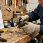 Électricien branchant un câble sur une prise mâle résistante à l'humidité dans un atelier de bricolage