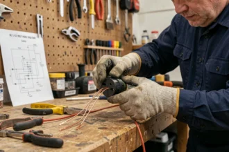 Électricien branchant un câble sur une prise mâle résistante à l'humidité dans un atelier de bricolage