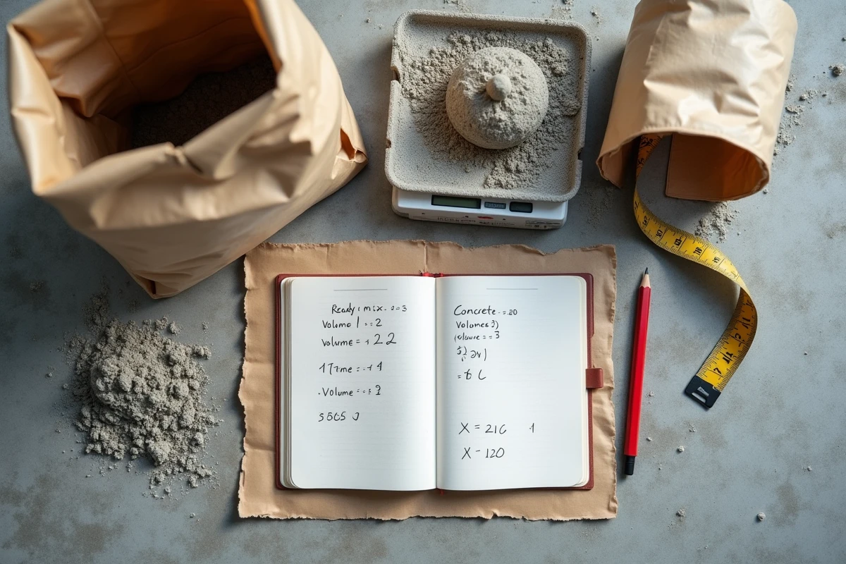 Vue aérienne d'un calcul de volume béton en m3 avec sacs prêts à l'emploi, carnet de notes et mètre ruban sur chantier