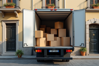 Camion de déménagement de 15m3 devant un petit immeuble charmant
