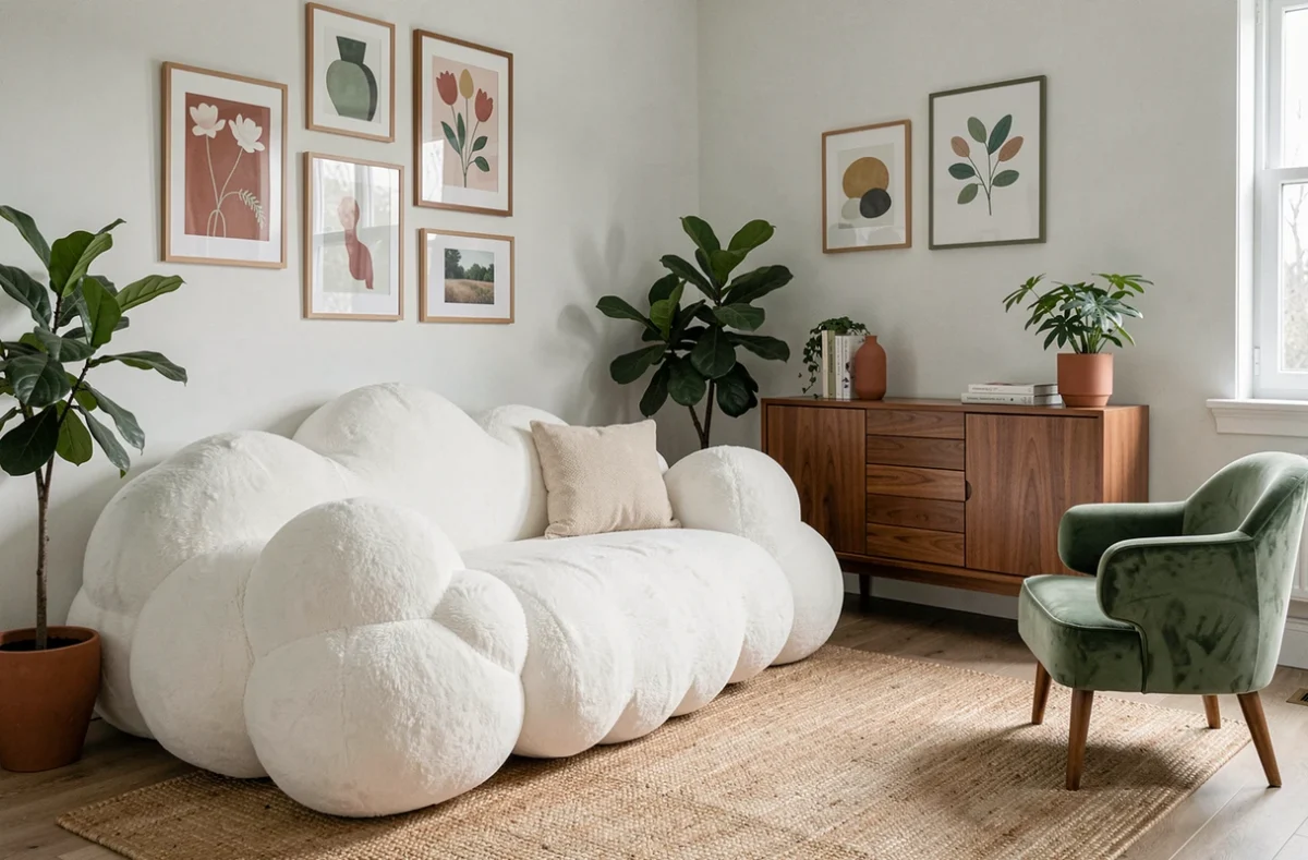 Canapé nuage blanc positionné en angle dans un coin de salon avec fauteuil velours et plantes d'intérieur