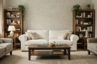 Canapé nuage blanc installé contre un mur dans un salon déjà meublé avec des meubles en bois foncé