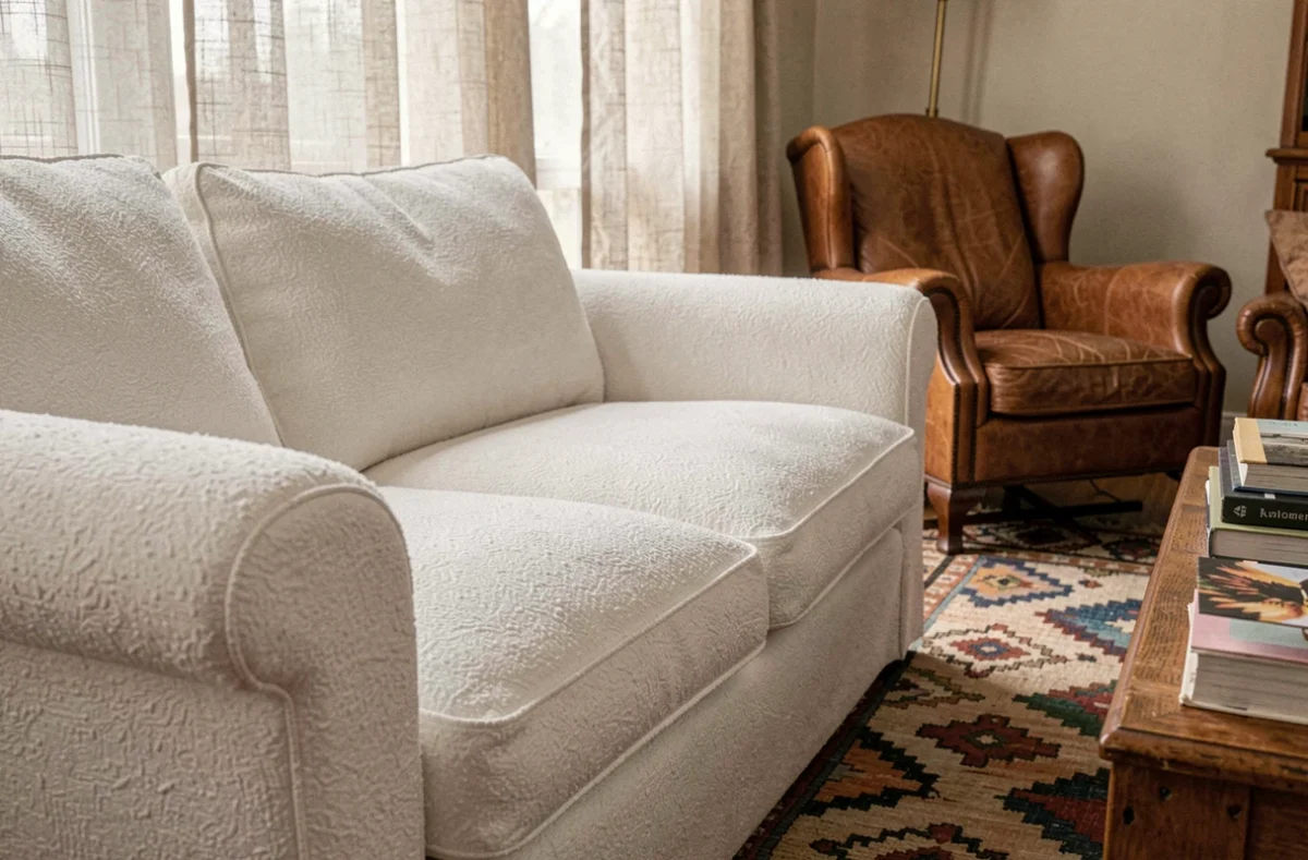 Gros plan sur la texture bouclette d'un canapé nuage blanc dans un salon au décor vintage chaleureux
