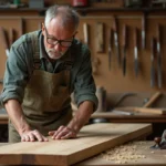 Charpentier artisan inspectant une planche en bois de châtaignier dans un atelier traditionnel pour fabriquer des volets en bois durables