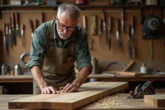 Charpentier artisan inspectant une planche en bois de châtaignier dans un atelier traditionnel pour fabriquer des volets en bois durables