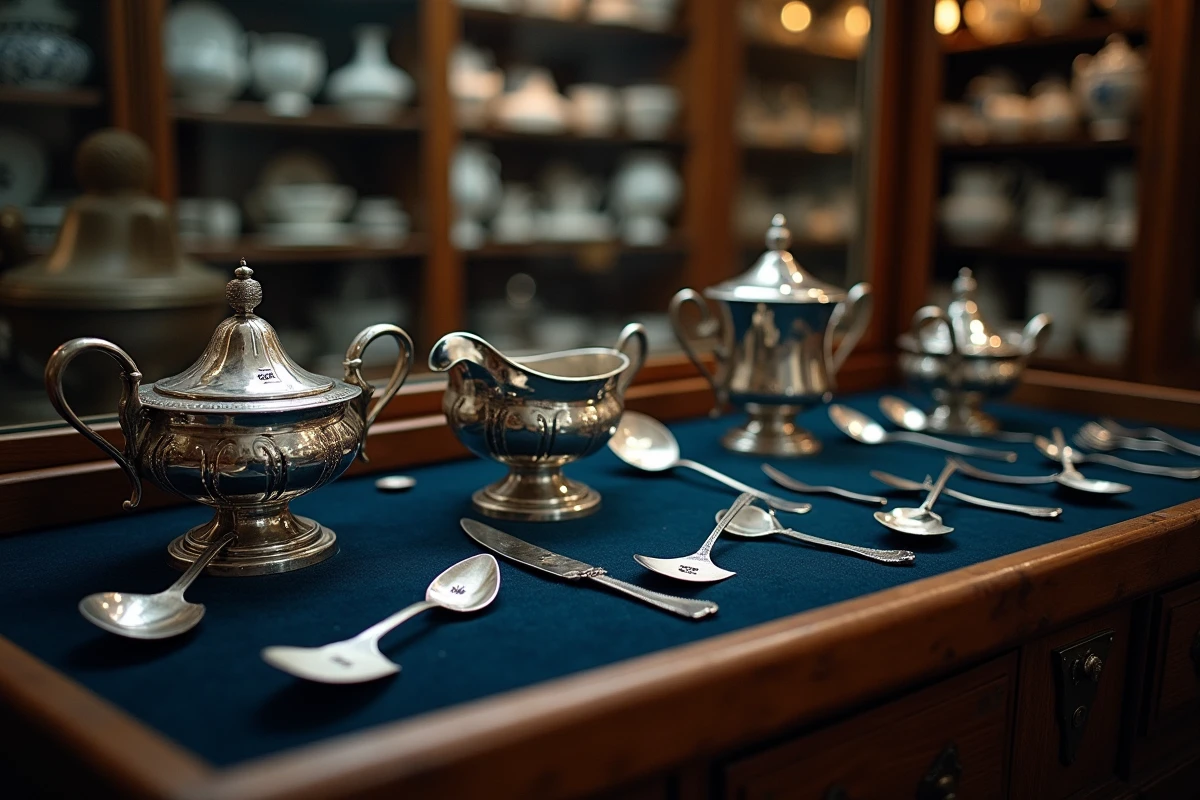 Collection de pièces en métal argenté avec étiquettes de poinçons exposées dans une vitrine d'antiquaire