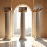 Trois colonnes antiques styles dorique ionique et corinthien dans un musée en marbre