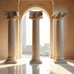 Trois colonnes antiques styles dorique ionique et corinthien dans un musée en marbre