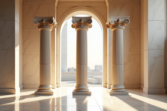 Trois colonnes antiques styles dorique ionique et corinthien dans un musée en marbre