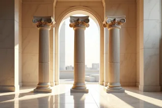 Trois colonnes antiques styles dorique ionique et corinthien dans un musée en marbre