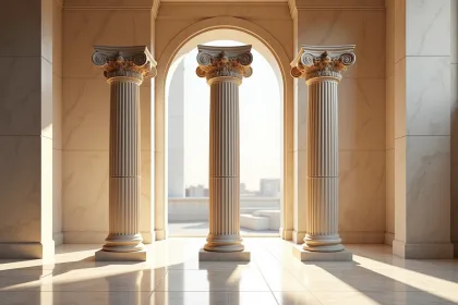 Trois colonnes antiques styles dorique ionique et corinthien dans un musée en marbre