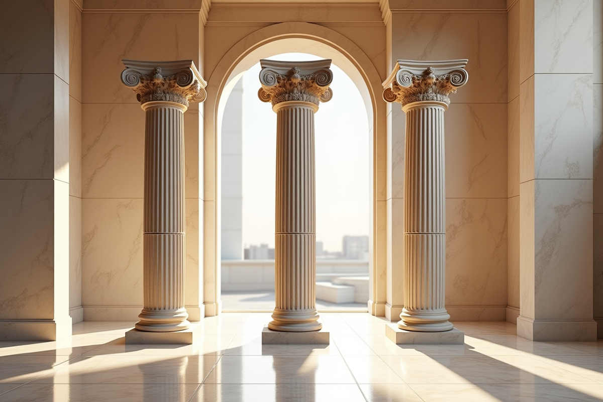 Trois colonnes antiques styles dorique ionique et corinthien dans un musée en marbre