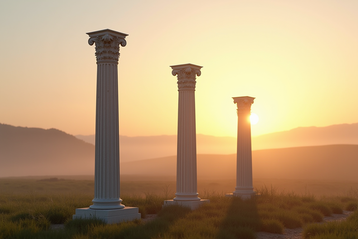 Colonnes classiques dorique ionique et corinthien au lever du soleil dans un champ