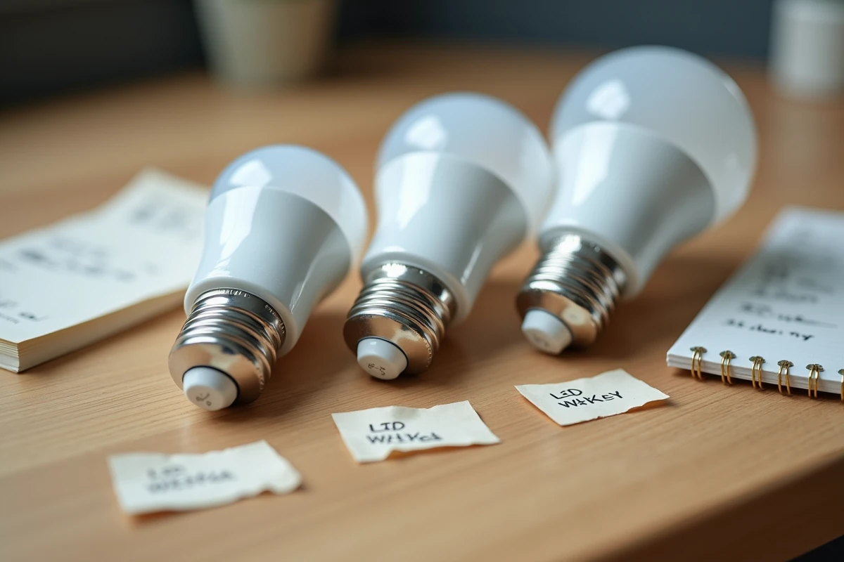 Comparaison de plusieurs ampoules LED de différentes puissances en watts posées sur une table en bois avec des étiquettes de lumens