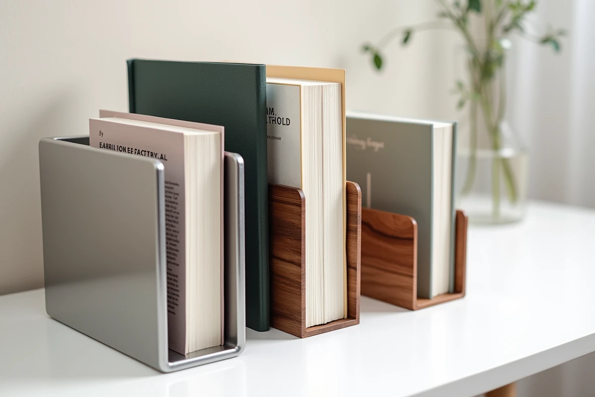 Comparaison de trois book stackers en métal, bois et acrylique tenant des livres de formats différents