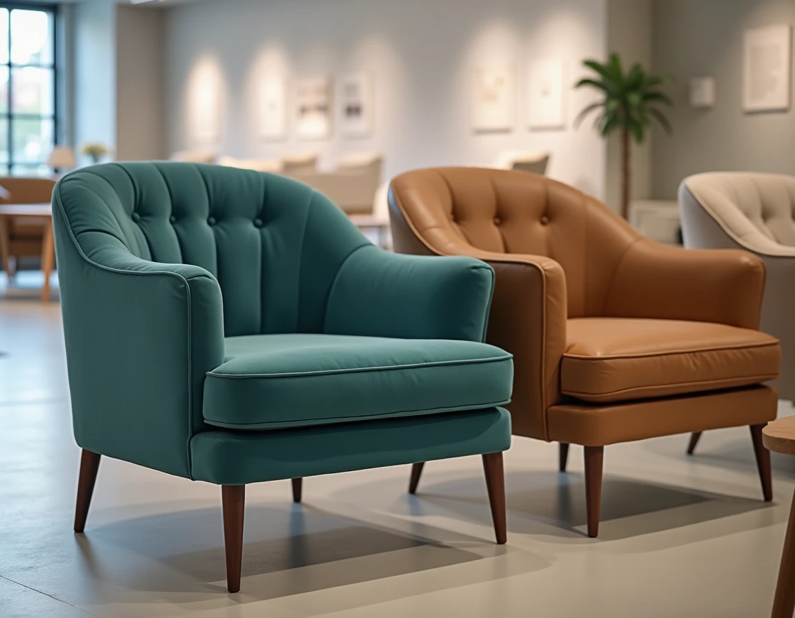 Comparaison de trois fauteuils de lecture aux matières différentes dans un showroom de meubles épuré