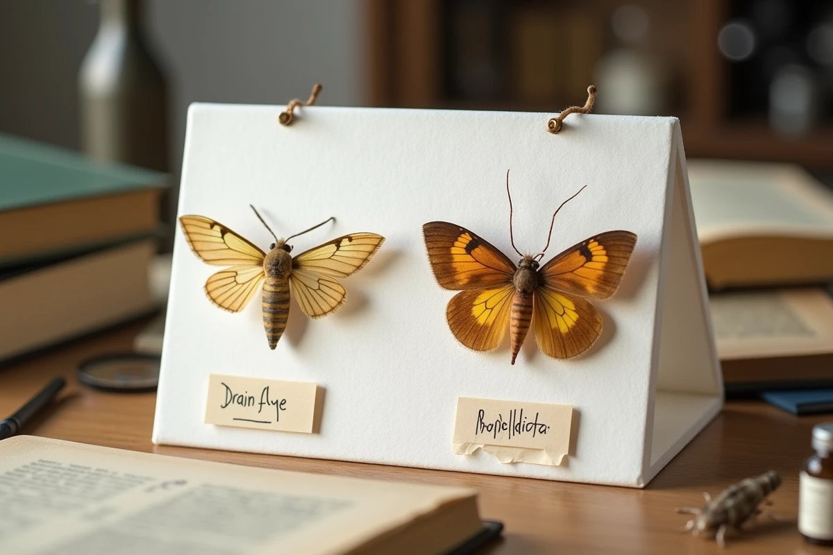 Comparaison de deux spécimens entomologiques épinglés côte à côte sur planche blanche pour distinguer mouche à drains et mouche papillon