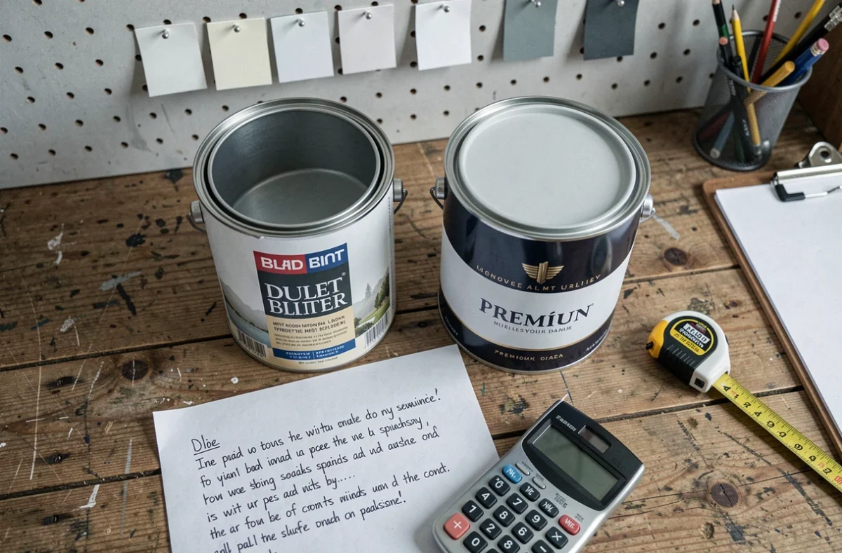 Comparaison de prix entre peinture pas chère et peinture premium sur un établi avec devis de travaux