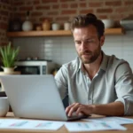 Homme consultant un comparateur de devis de rénovation sur ordinateur portable dans une cuisine moderne