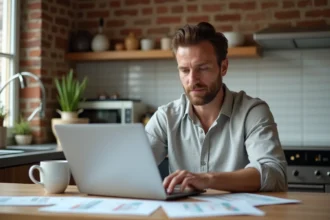Homme consultant un comparateur de devis de rénovation sur ordinateur portable dans une cuisine moderne