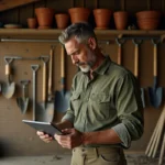 Homme consultant un comparateur de prix pour matériel de jardin et bricolage sur une tablette dans un atelier rangé