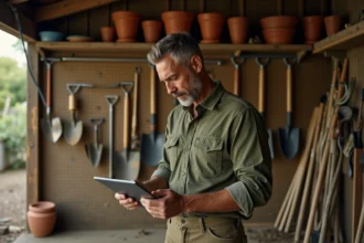 Homme consultant un comparateur de prix pour matériel de jardin et bricolage sur une tablette dans un atelier rangé