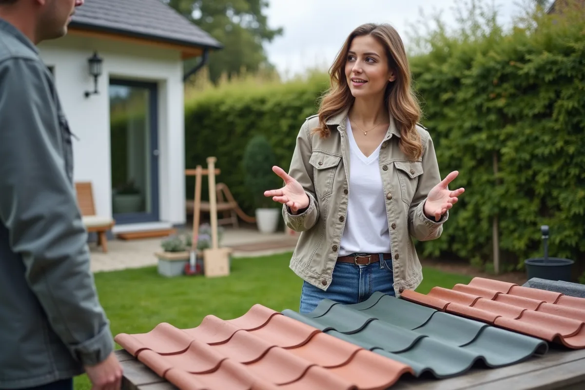 Jeune femme discutant des matériaux de toiture avec un professionnel