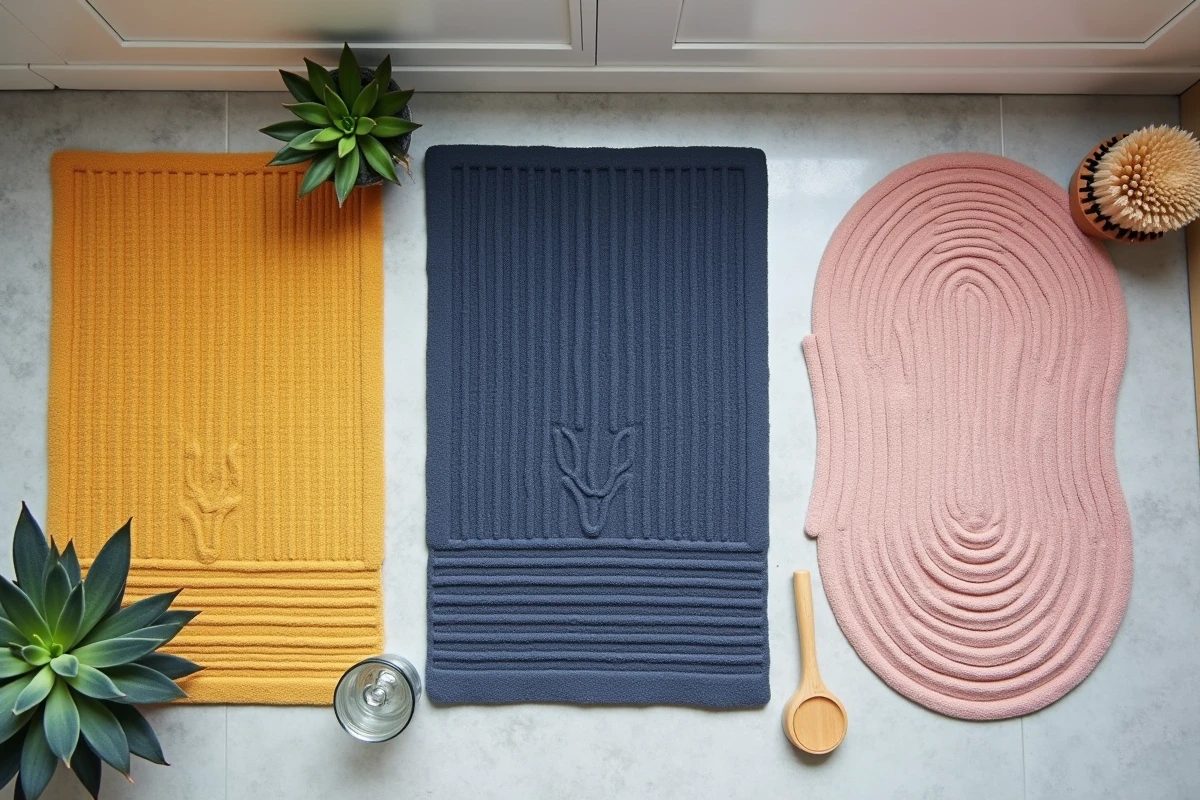 Vue aérienne de trois tapis antidérapants de salle de bains design en jaune moutarde, bleu marine et rose blush sur sol béton gris