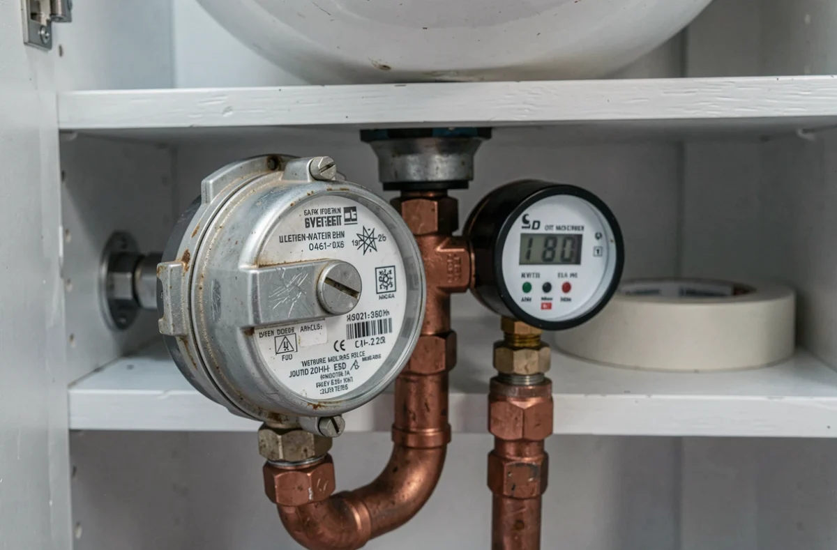 Compteur d'eau et jauge de débit sur tuyaux en cuivre pour mesurer la consommation d'eau en litres